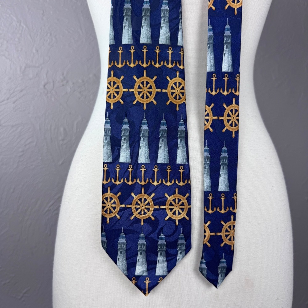 Dapper coastal lighthouse sailing anchor tie Navy blue preppy yacht New England